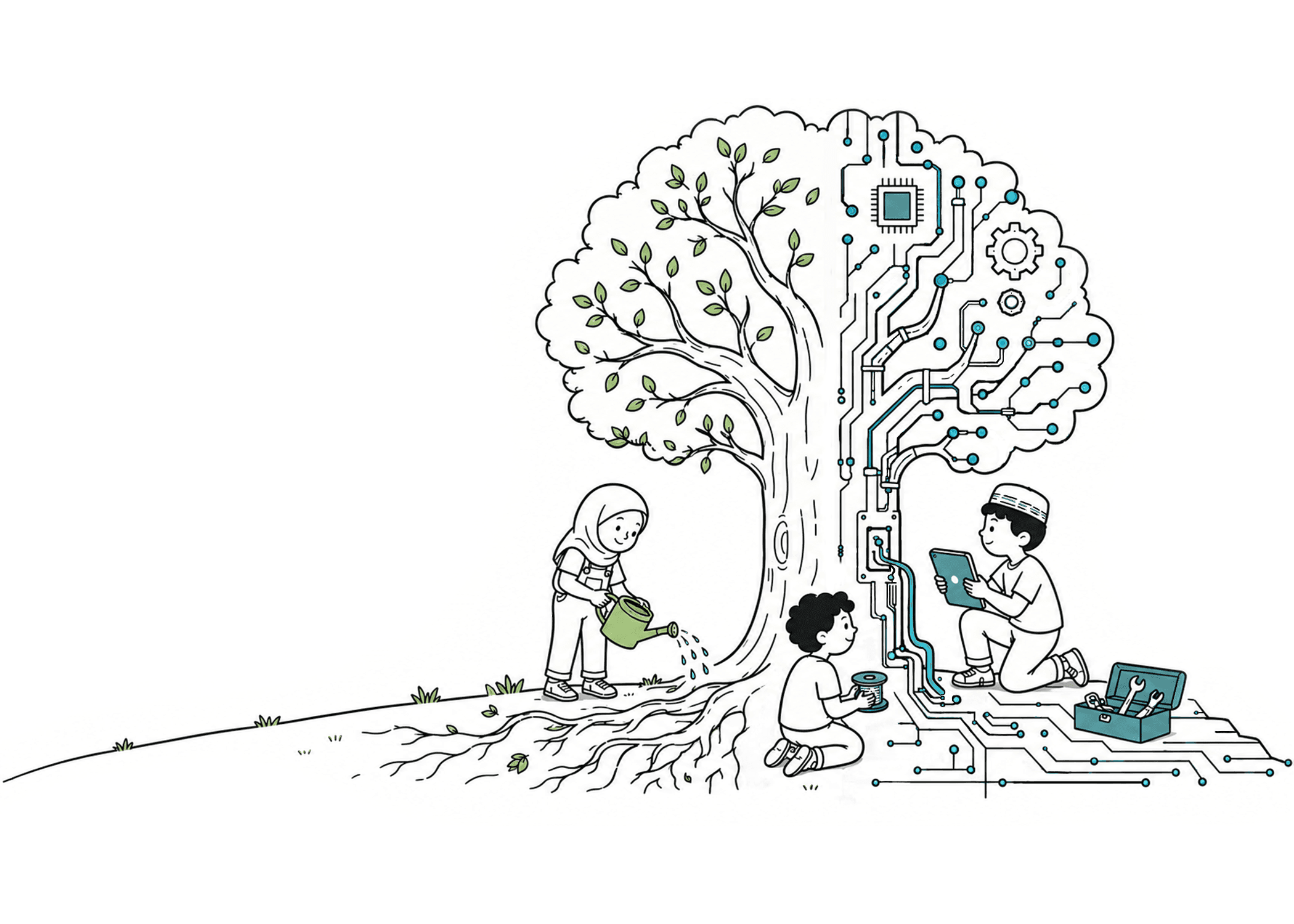 Two kids water and build a tree that is half leaves, half circuitry, while a third kid reads from a tablet beside it